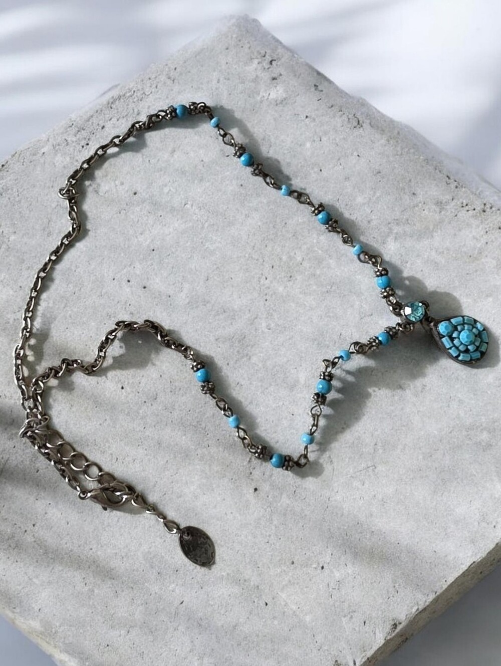 Turquoise Beaded Necklace With Mosaic Teardrop Pendant Silvertone